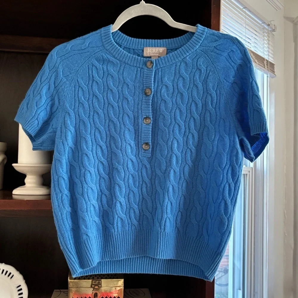 J. Crew Blue Cashmere Women’s Henley Cable Knit Short Sleeve Sweater